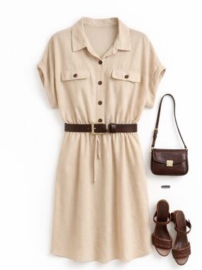 Cato Tan Shirt Dress | Drawstring Waist | Collared | Size 18/20